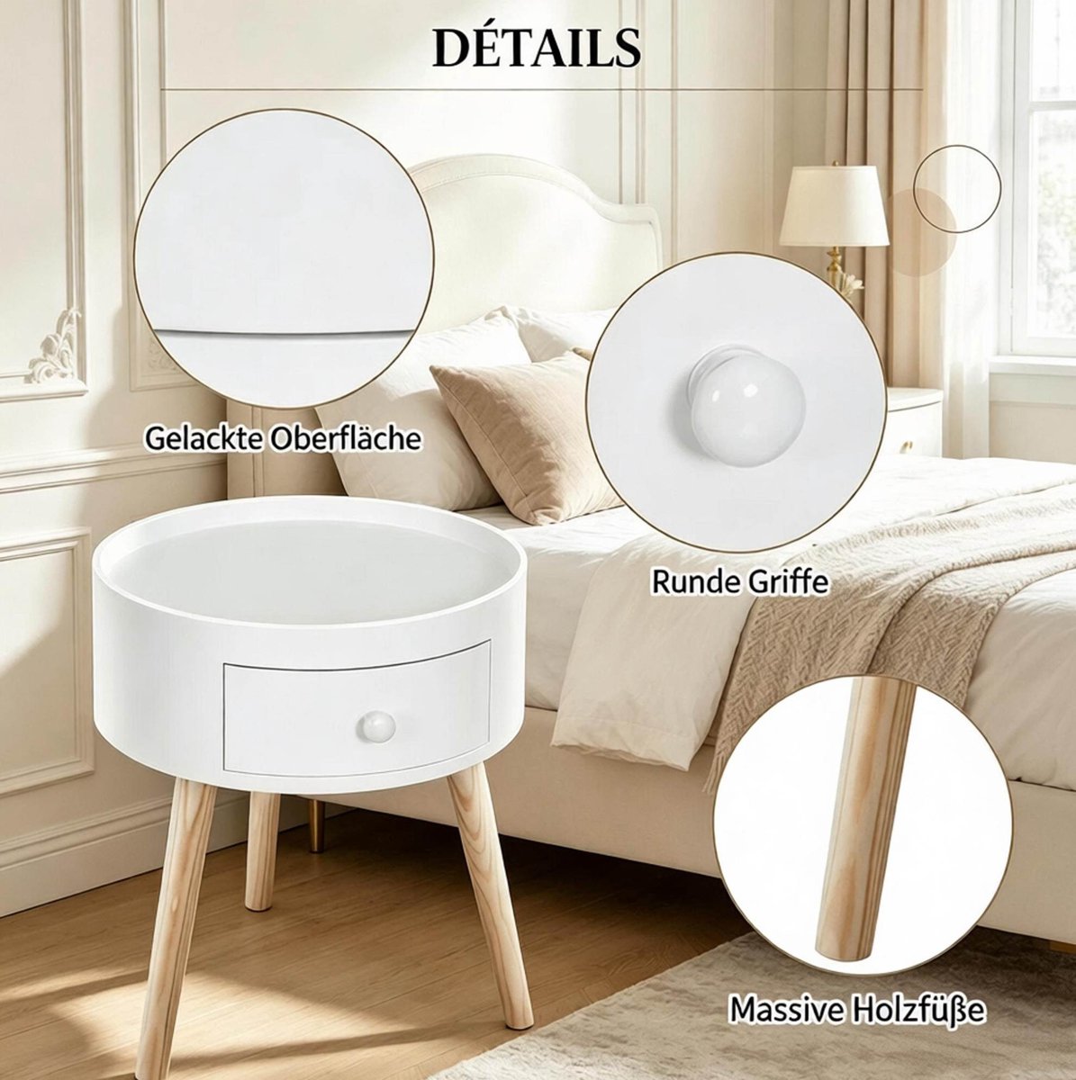 OKWISH Bijzettafel Rond Met Lade - Compact Nachtkastje Voor Slaapkamer En Woonkamer - MDF En Hout Wit - 38 X 38 X 45 Cm