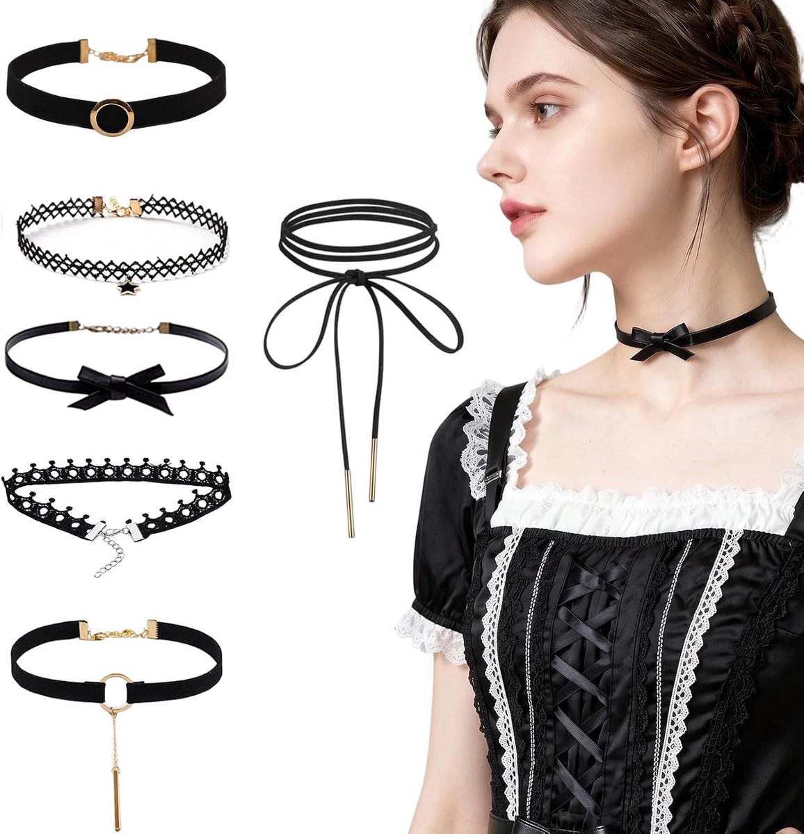 Set van 6 chokers voor dames - zwarte halsketting - fluweel, kant en kunstleer - verstelbaar voor festivals - ShopVlot