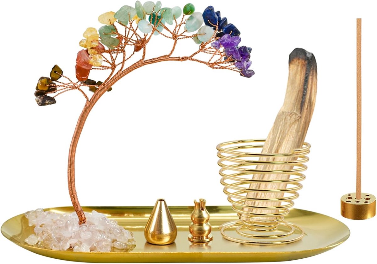 Incense Burner 5 in 1 - 7 Chakra Kristallen Boom - Brass Houder - Ideaal voor Yoga en Meditatie - ShopVlot