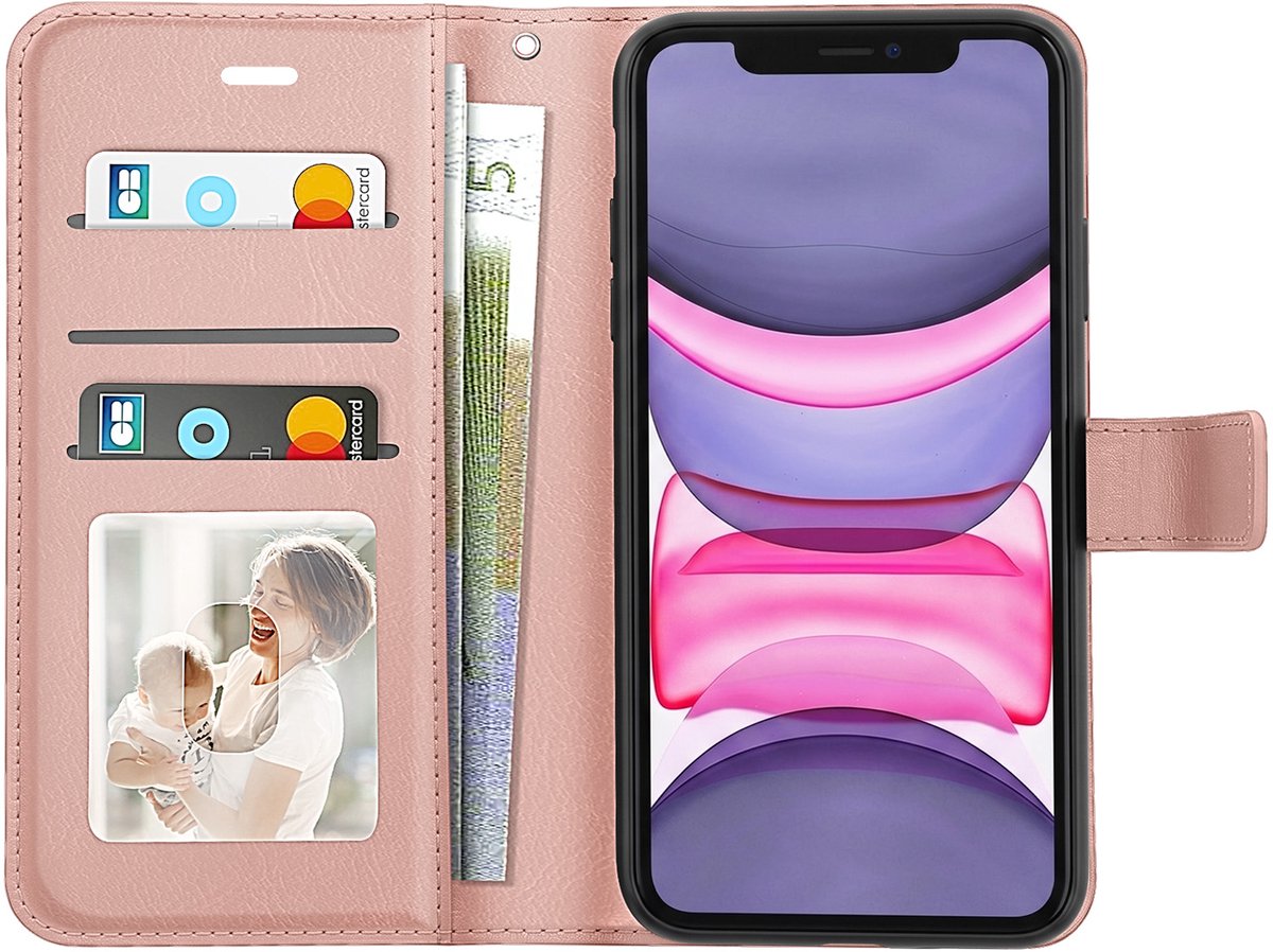 Mayaxess, Portemonnee Hoesje Geschikt voor Apple iPhone 11 met Polsbandje en Standaard, Roségoud
