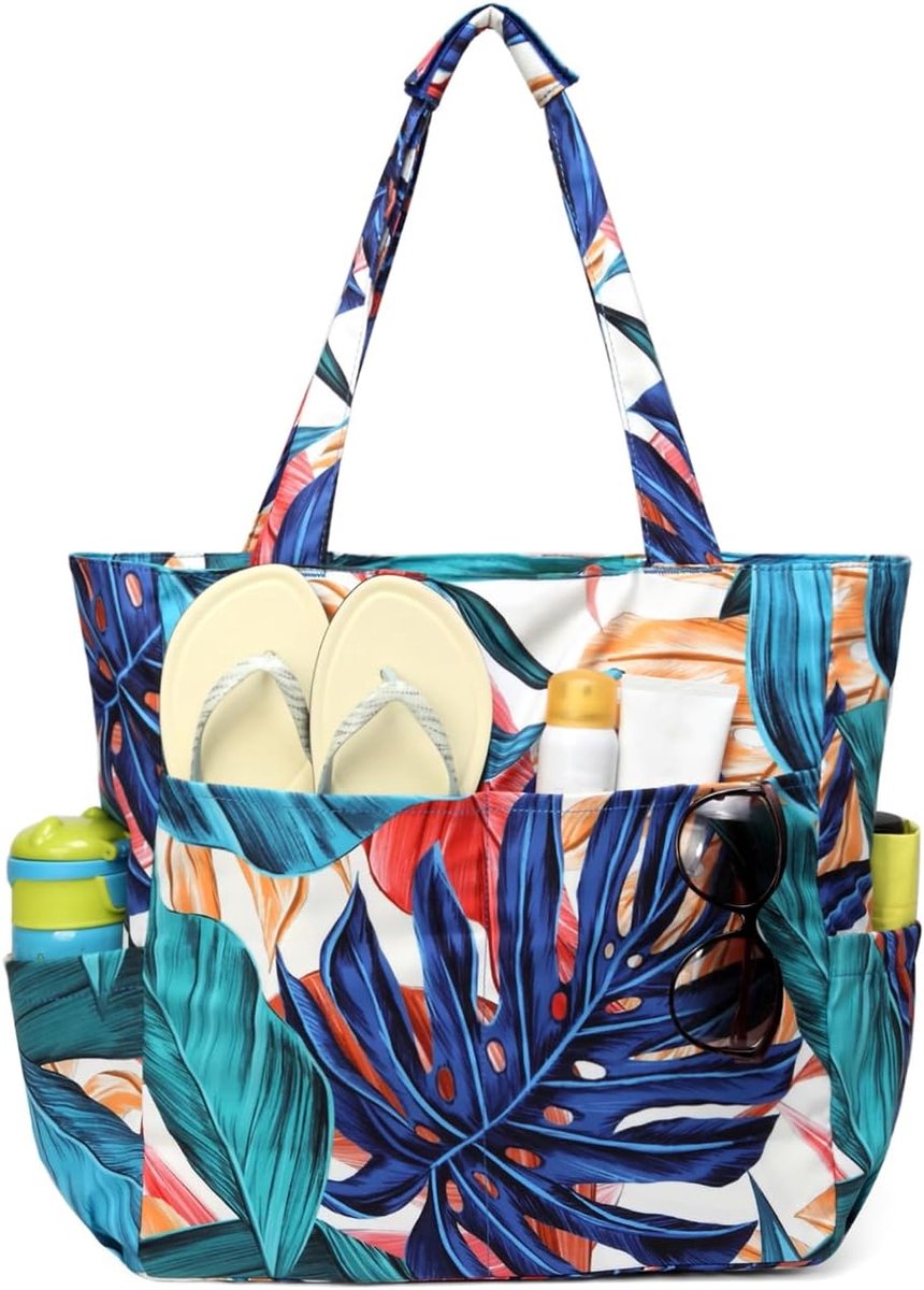 Tote Bags voor Vrouwen, Kasgo Waterdichte Zanddichte Grote Pool Bag Stijlvolle Rits Strand Tote voor Gym Reizen Winkelschool, Palm Leaf
