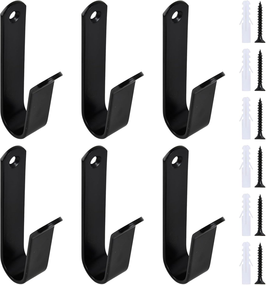 6 stuks kledinghaken voor wandgarderobe, robuuste wandhaken met schroeven, enkele wandhaken, zwart, moderne wandgarderobe voor slaapkamer, badkamer, woonkamer