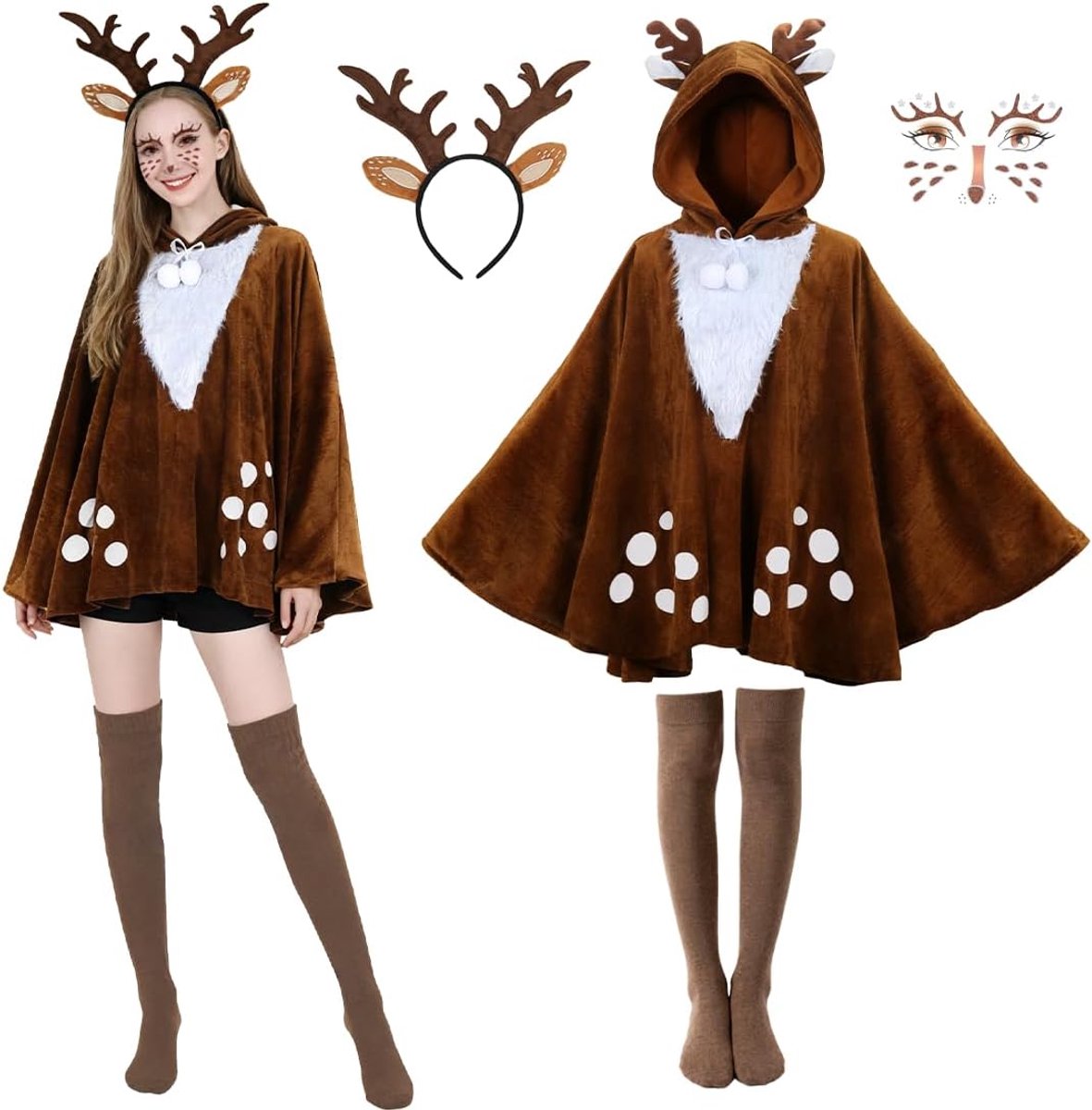 Rendierkostuum voor dames, carnaval, rendierkostuum voor dames, volwassenen, met cape, sokken, haarband + gezichtstaatoeages, dierenkostuum voor carnaval, Helloween Cosplay