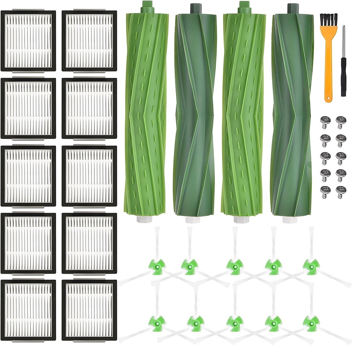 Vervangingsset voor Robotstofzuigers – Compatibel met modellen uit de i-serie, e-serie en j-serie – 2 Sets Hoofdborstels, 10 Filters, 10 Zijborstels, Schroeven en Gereedschap