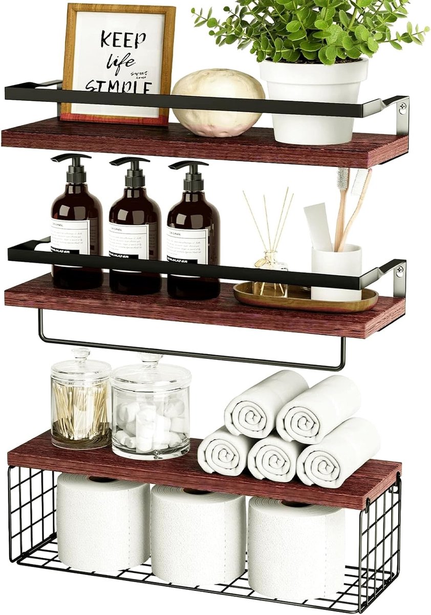sharllen Wandrek hout met draadmand handdoekhouder set van 3 zwevende planken, roodbruin