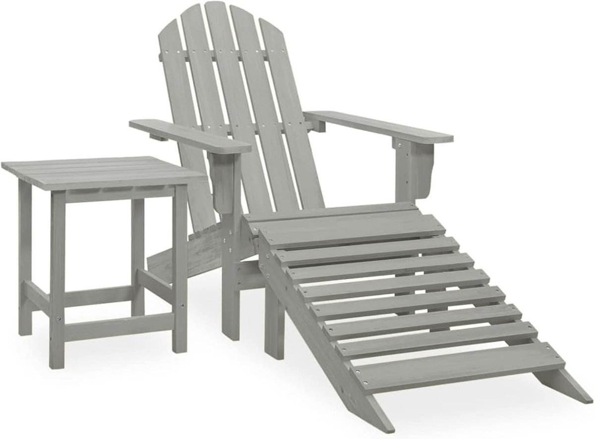 Adirondack Tuinstoel met tafel, houten relaxstoel, Adirondack, tuinstoel, dekstoel, balkonstoel, ligstoel van massief hout, dennenhout, grijs