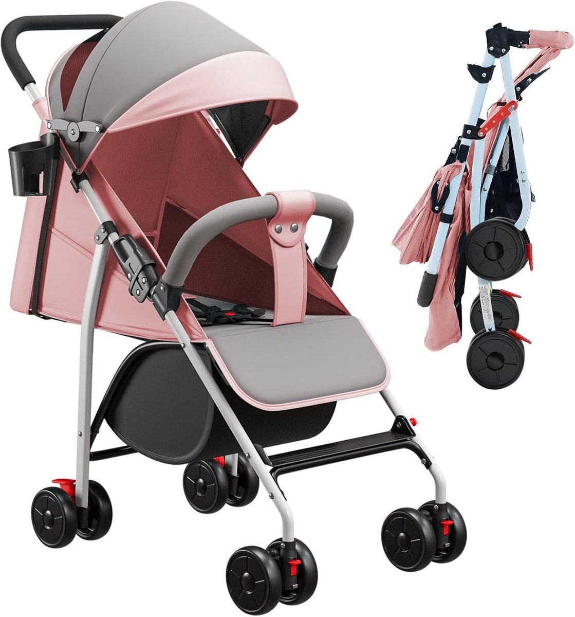 Kinderwagen met 4 wielen, drieluik luifel met katoenen mat en muggengaas en drinkhouder, zit- of ligfunctie, Zwart/Grijs/Roze/Blauw (Roze)