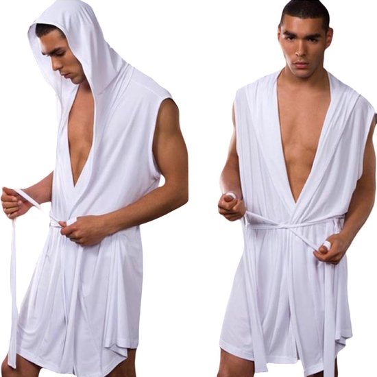 Badjas met capuchon voor heren, mouwloze zijden pyjama, nachtkleding, lichte vaste ochtendjas, spa-badjas met riem, zachte zomerpyjama voor thuis — afbeelding 4