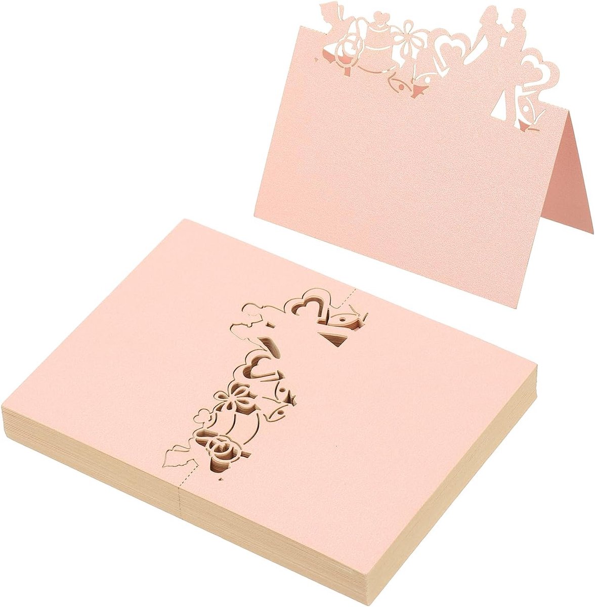 50 stuks bruiloft plaats kaarten, laser gesneden bruiloft tafel plaats kaart gevouwen tent kaart naam kaarten voor tafel bruiloft setting buffet receptie, roze