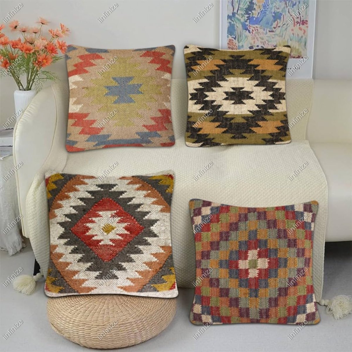 Kussenhoezen 45x45 cm - Etnisch vintage kelim - Handgeweven wol-jute - Unieke binnenhuisdecoratie - SnelShoppen