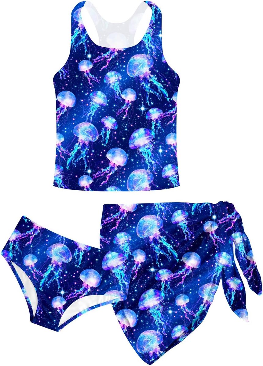 Zwemkostuum voor meisjes, 3-delig meisjesbikini, zomer, Hawaii-prints, zwempak, tankini voor kinderen, met bedekkende badpakken, vakantie, surfen, voor 8-14 jaar