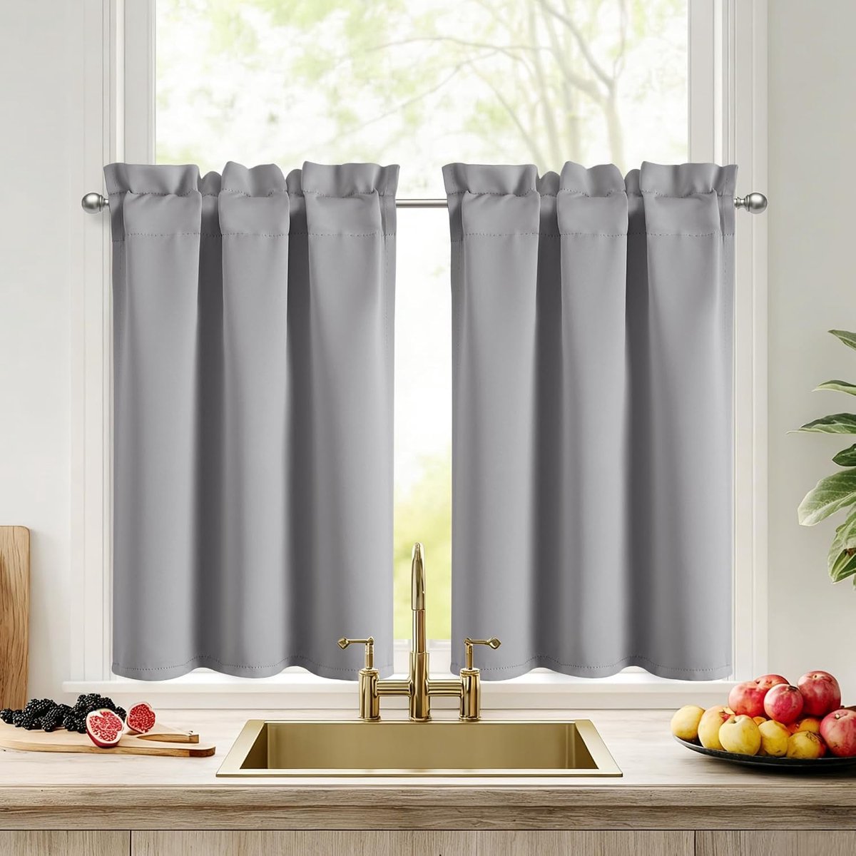 Korte vitrage, ondoorzichtig, zilvergrijs, 120 x 60 cm (h x b), 2 stuks, verduisteringsgordijnen, thermogordijn, koudebescherming met stangdoorvoer, voor keukengordijnen, bistrogordijn