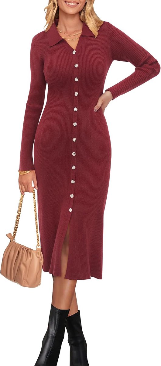 Dames Trui Jurk Herfst Leraar Oufits 2025 Lange Mouw Business Casual Bodycon Split Geribbelde Gebreide Midi Jurken