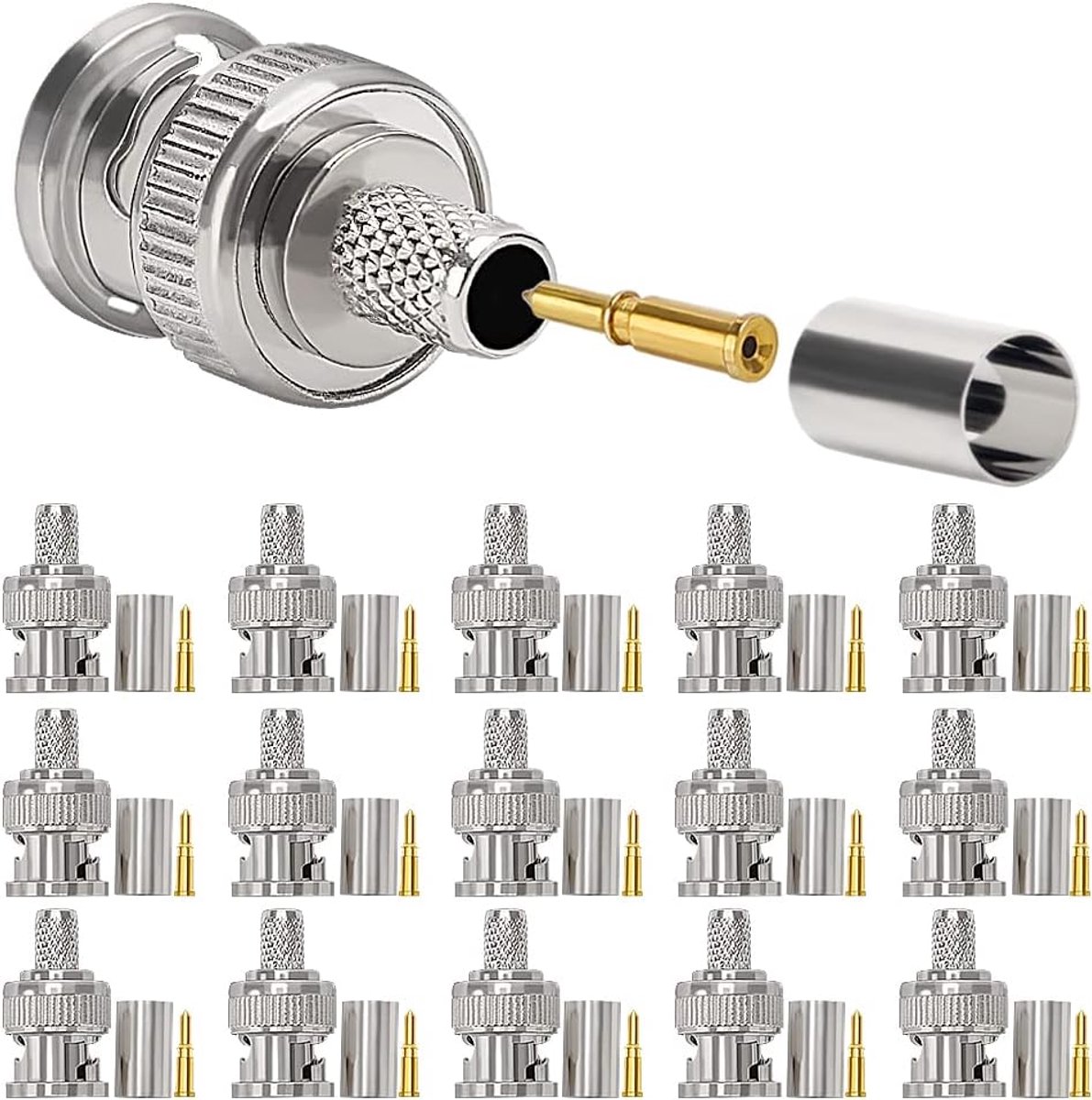 15 Stuks BNC Krimpconnector voor RG59 RG8 Coaxiale Kabel, KUOQIY BNC Mannelijke Adapter voor CCTV Camera, Inclusief Plug, Pin, Huls