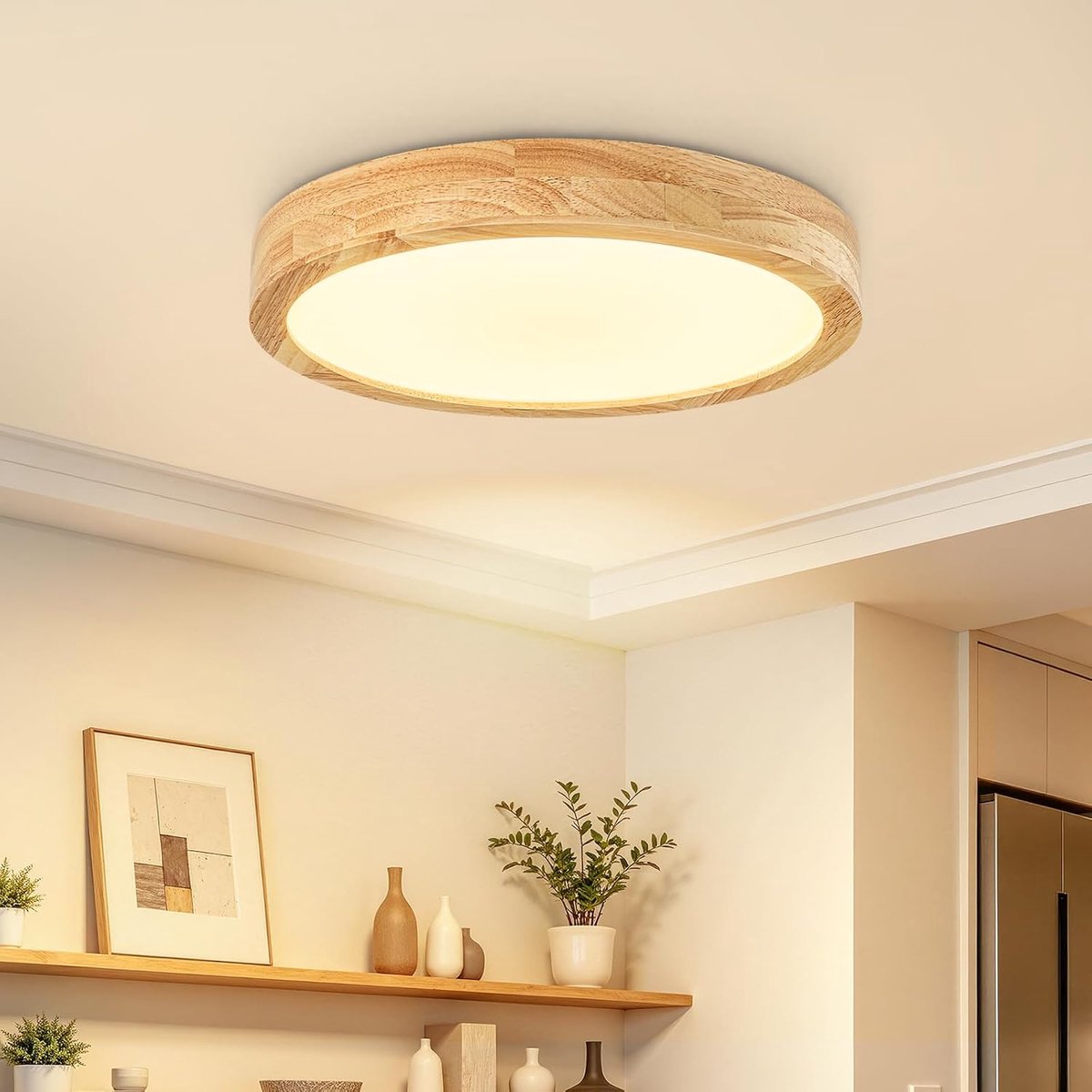 plafondlamp 30cm plafondlamp hout 24W 4500K neutraal wit | Ronde plafondlampen, 3100 lm, CRI 80+, platte plafondlamp, houtlook, voor woonkamer, slaapkamer, keuken, hal, 4 cm hoogte