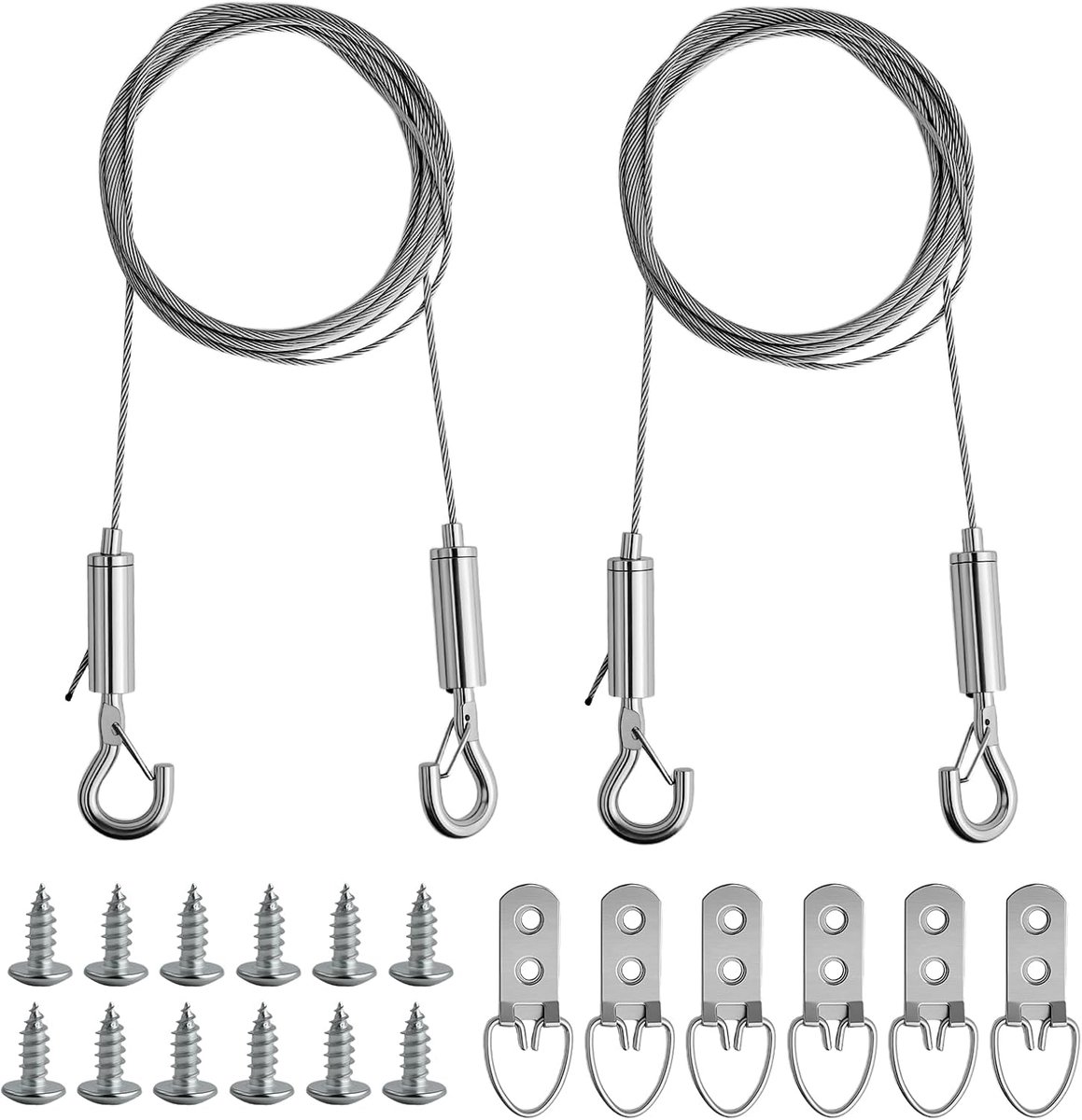 2 stuks verstelbaar fototouw, roestvrij stalen ophangtouw, spankabels met haken, 1,5 mm × 2 meter, met 6 fotolijsthaken, 12 schroeven, voor schilderijen, fotolijsten