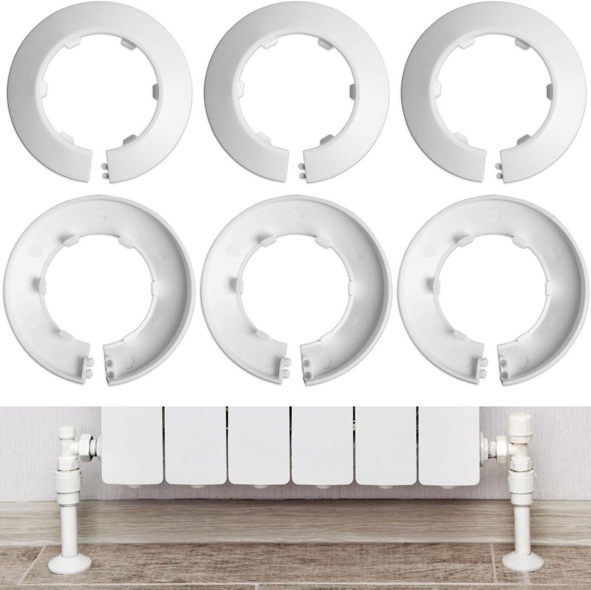 6 stuks, DN32 maat met Ø 44 mm binnenwerks, Ø 75 mm buitenwerks, 13 mm hoog, voor 1 1/4 inch buis, afdekking voor verwarmingsbuis, afdekking voor verwarmingsbuis, buismof ingestoken