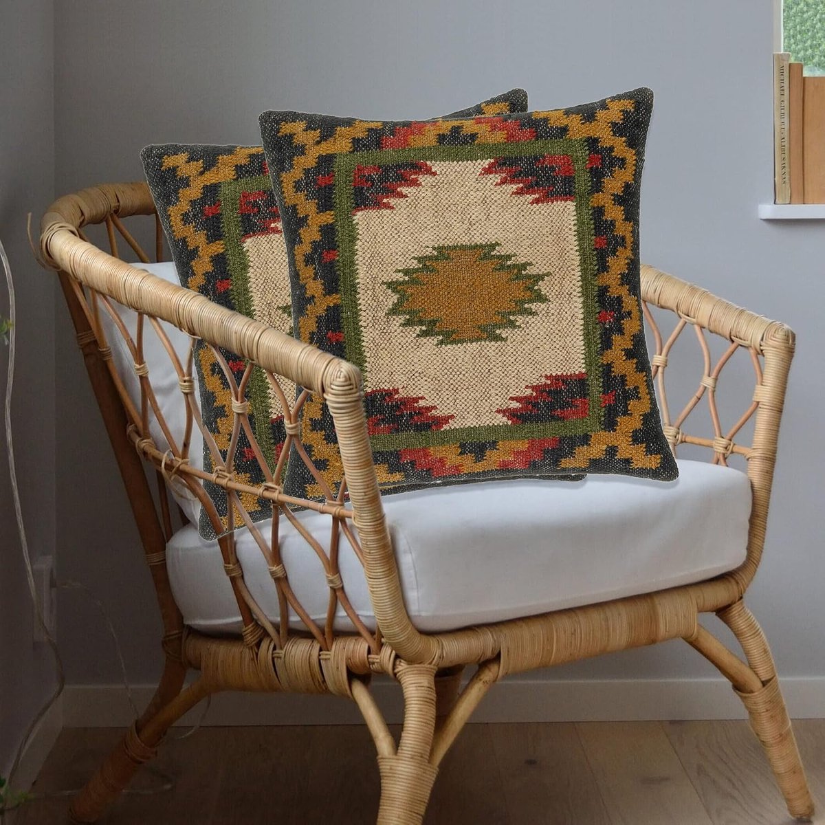 Kussenhoes 45x45 cm - Wol-Jute - Handgeweven Kilim Design - Decoratief voor woonkamer - SnelShoppen