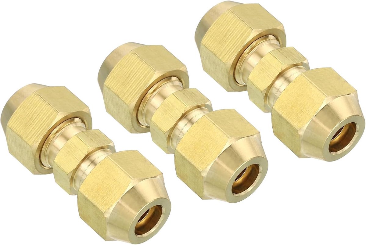 1/4 "OD Messing Flare Union Connector, 3 Set Airconditioning Koper Dubbele Pijp Verlenging Gezamenlijke Connectoren Pijp Slang Fitting met Moer, 3,1 x 1,1 cm