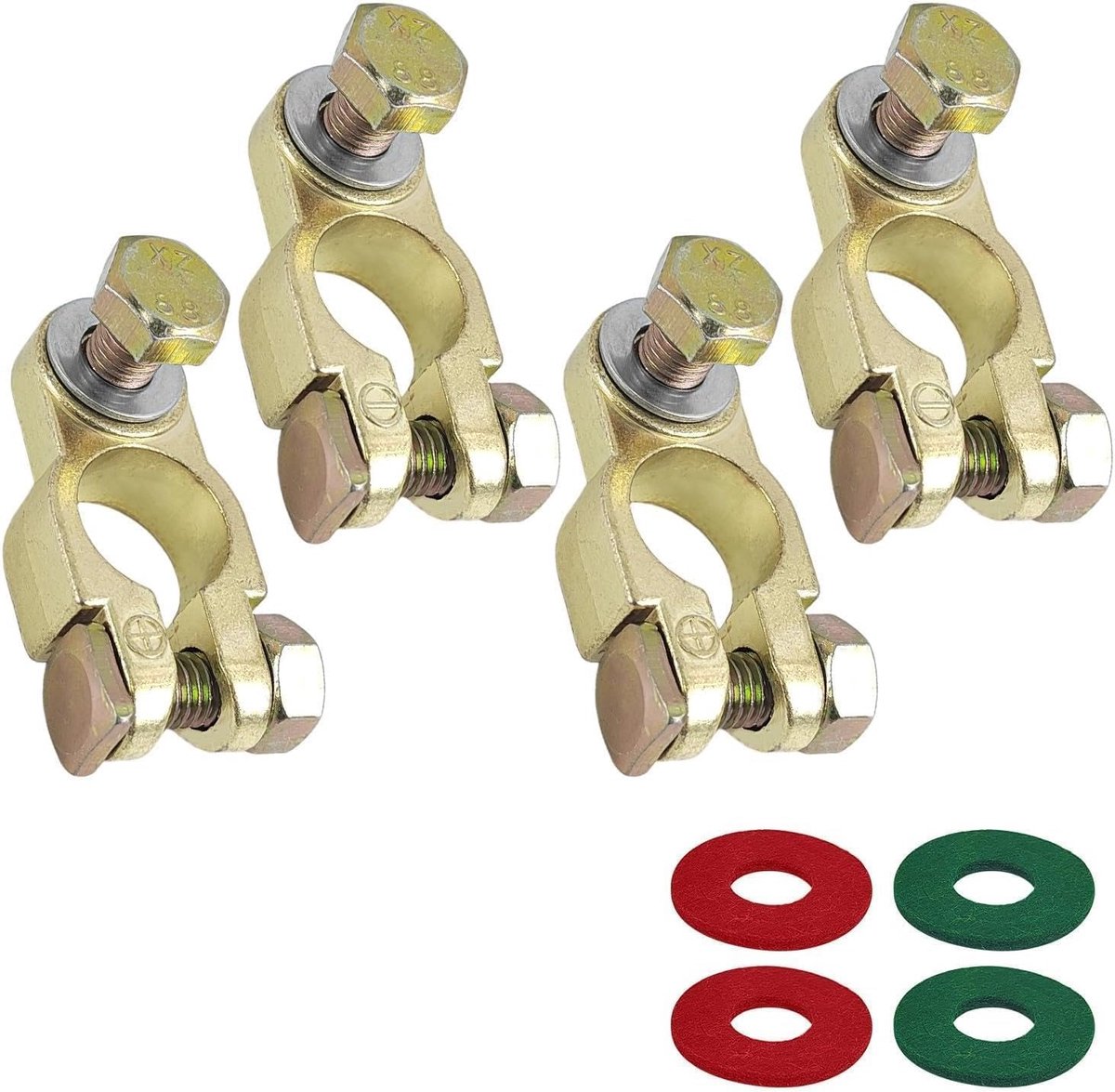 4 stuks autoaccuklemmen 12 V 24 V, positieve en negatieve accuklemmen, aansluitingen van koper-zinklegering met 4 corrosiebestendige lagers, schroefdraad M8, voor auto, boot, camper