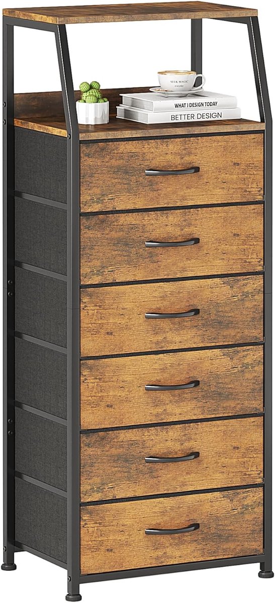 Kast, opbergkast met 6 laden van stof, hoog en smal, 2-laags houten plaat, stoffen commode, metalen frame, industriële stijl voor slaapkamer, woonkamer, hal, rustiek bruin