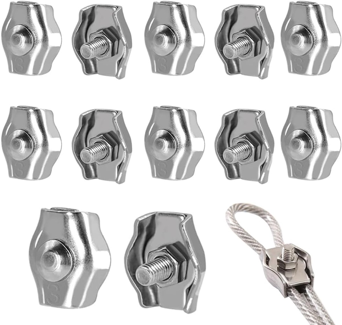 2 mm roestvrij staal, 12 stuks kabelclips M2, OHREN kabelbinders van roestvrij staal 304 voor waslijn, luifel, bevestiging van metalen kabels
