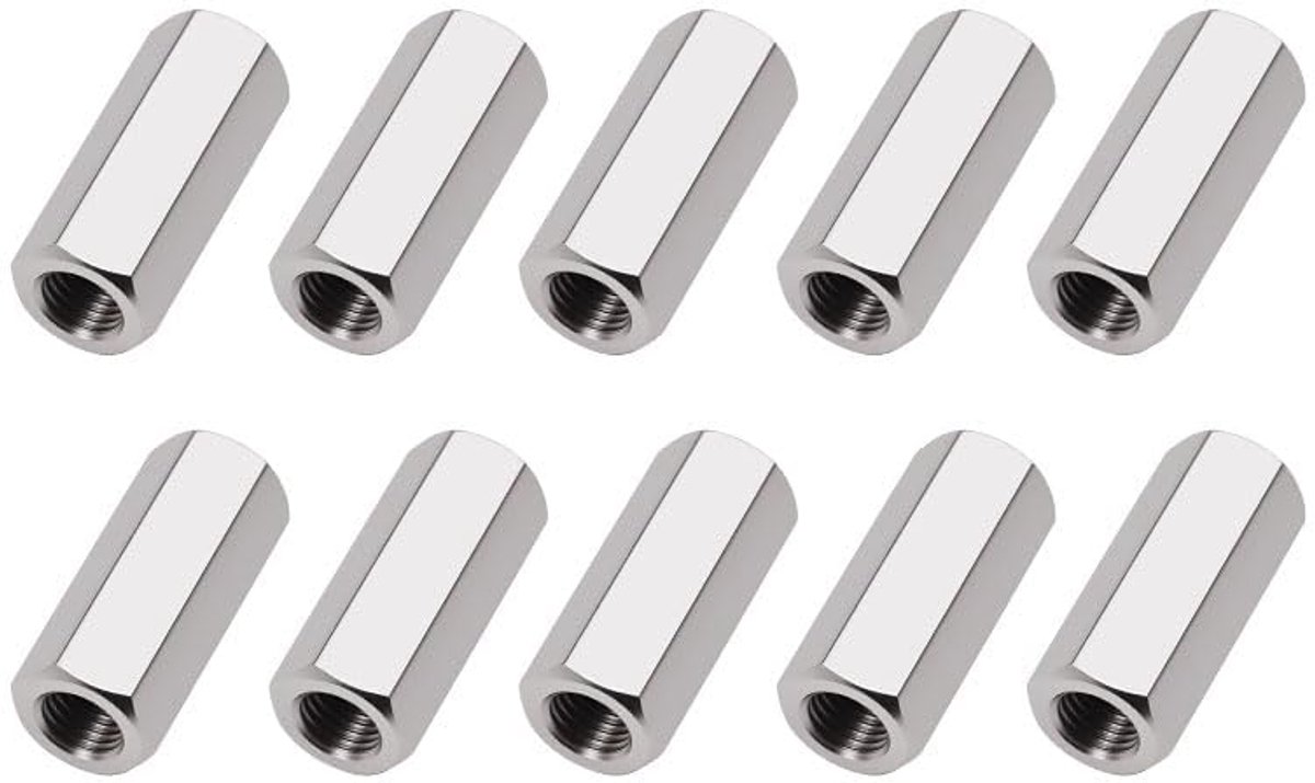 10 stuks zeshoekige koppelingsmoeren, koppelingsmoeren voor draadstangen van roestvrij staal 304, bouten, machines, communicatieapparatuur