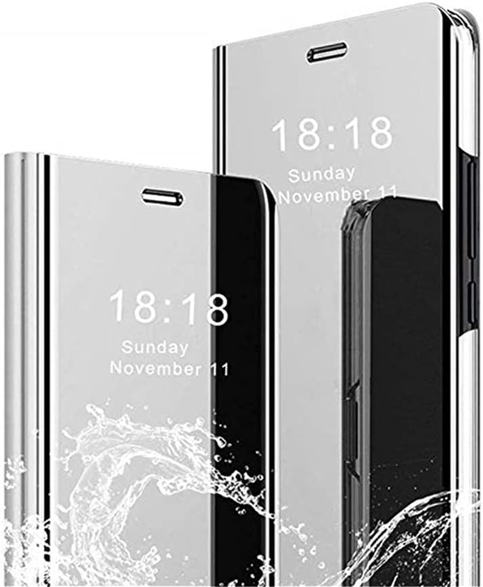 Hoes voor Samsung Galaxy A12, leren hoes M12, flipcase, spiegel, hoes, inklapbaar, beschermhoes, telefoonhoes met standaard, PC spiegel cover, compatibel met Samsung Galaxy A12, zilver