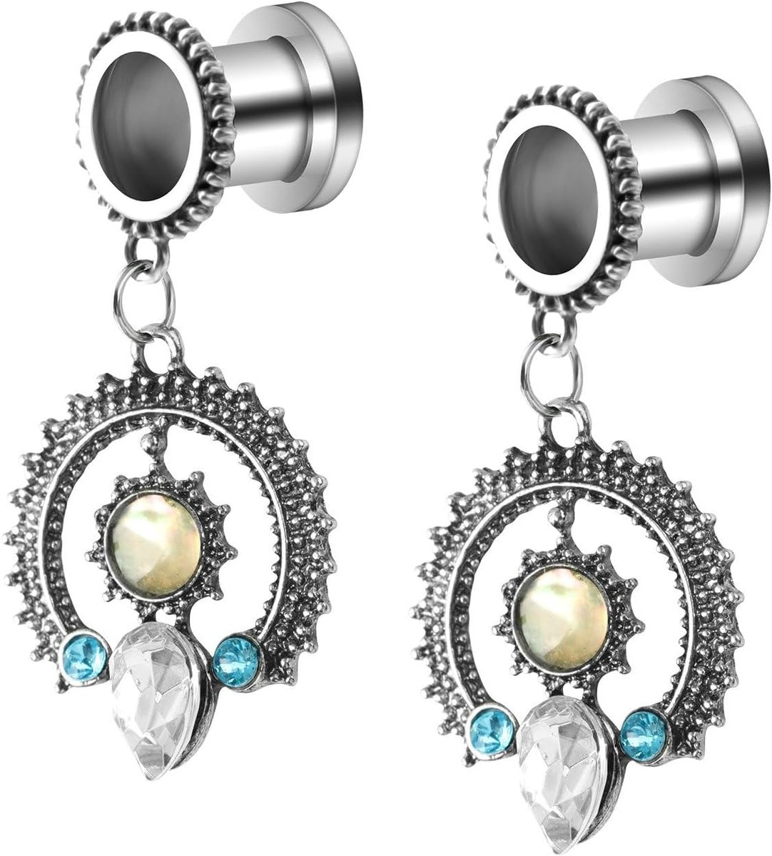 Tunnel piercing roestvrij staal, oorplugs 6-30 mm hangende zon met zirkonia oorplugs oorexpanderset, 8mm, Roestvrij staal, Zirkonia