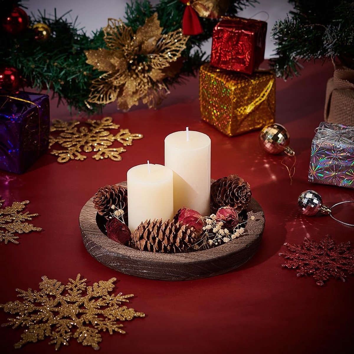 Houten decoratieve dienblad kaarsenhouder, ronde houten dienblad woondecoratie voor boerderij keuken rustieke houten dienblad kaarsenhouder voor bruiloft aanrecht badkamer koffie kersttafel