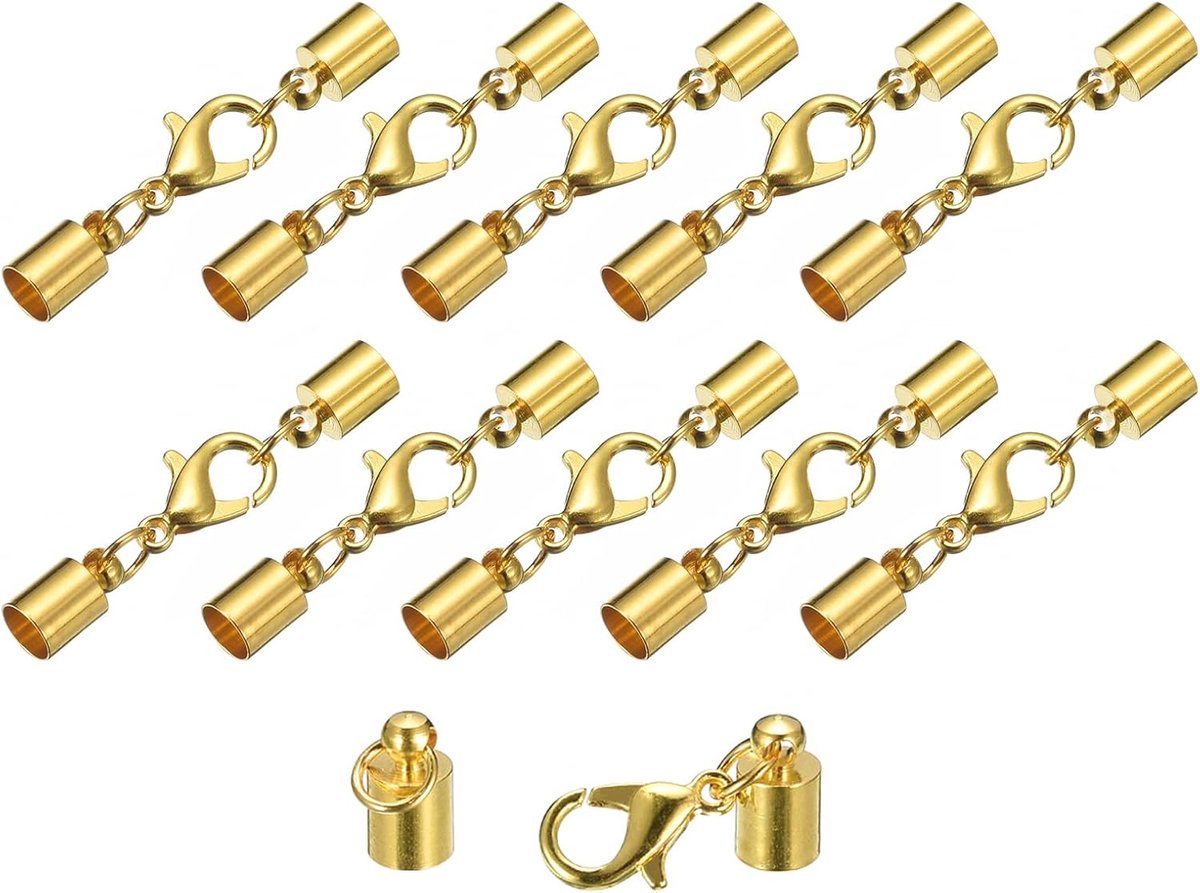 10 sets 5 mm leren koordeindkappen met karabijnsluitingen, vatsluitingen voor het maken van leren armbanden, goudkleurig