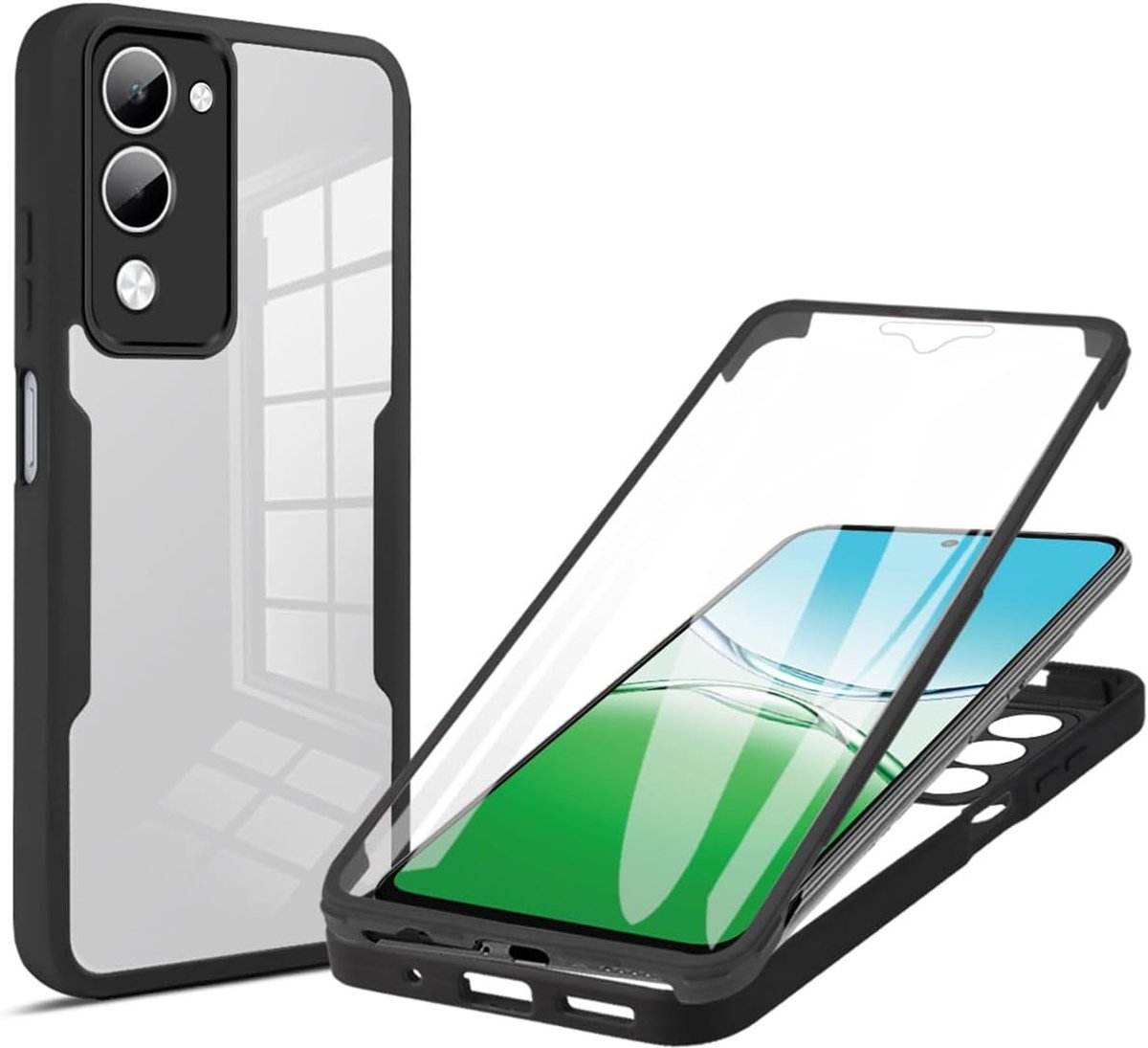 Transparante beschermhoes voor Vivo Y29s 5G / Vivo Y04 4G, 360° militaire kwaliteit, schokbestendig, ingebouwde displaybeschermfolie, ultradun, PC + TPU, zwart