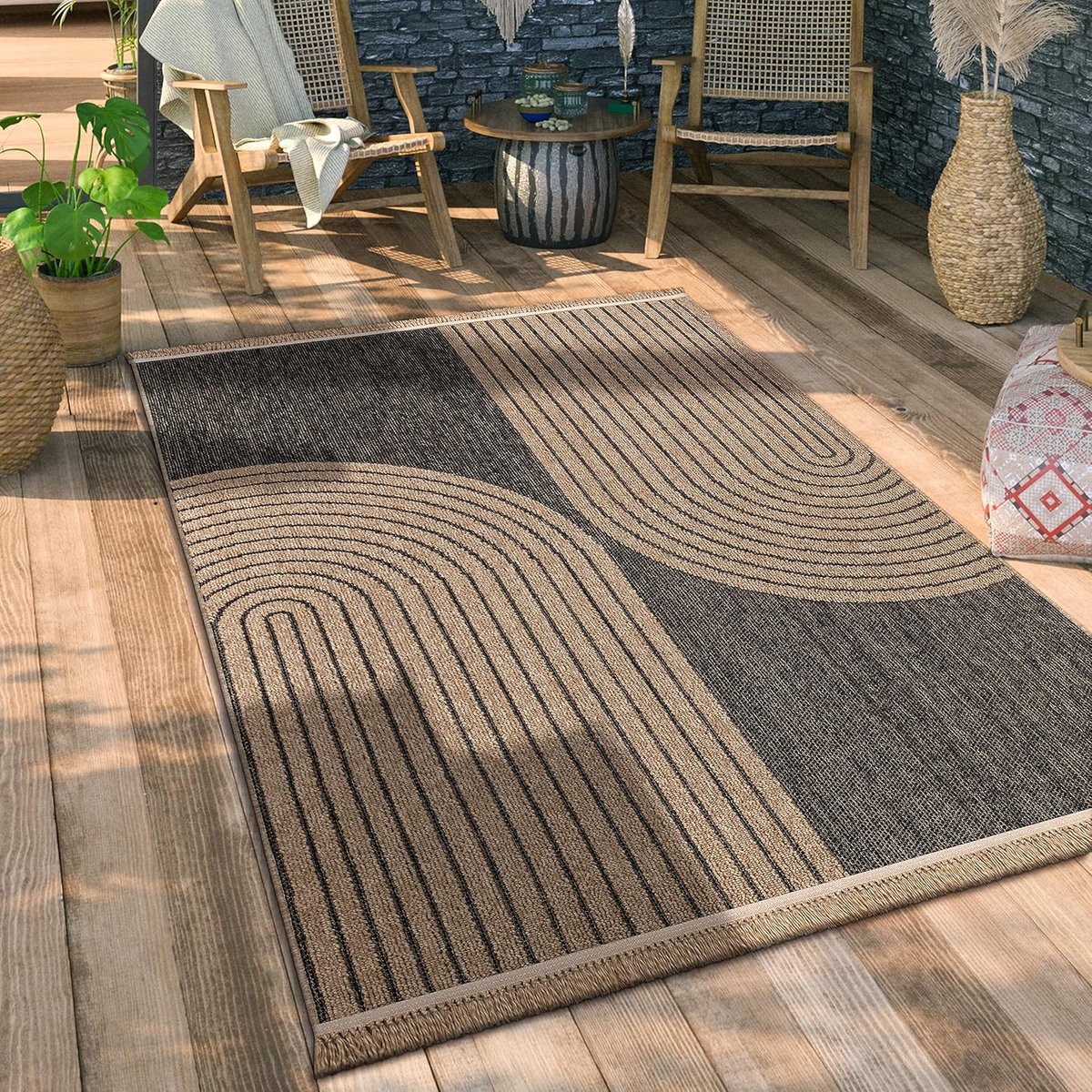 Home Buiten Vloerkleed Tapijt Voor Binnen En Buiten Balkon Terras Keuken Tapijt Boho Patroon Bloemen Geometrisch, Maat:160x220 cm, Kleur:Antraciet