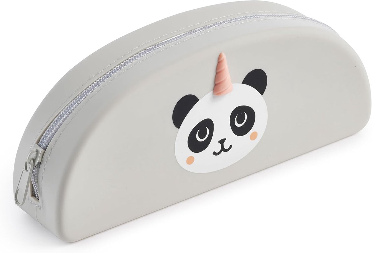 - Ovale etui panda, Etui met één vak, Afmetingen 195 x 80 x 42 mm, Siliconen etui, Ritssluiting, Mooie kantoorartikelen, Kleur grijs