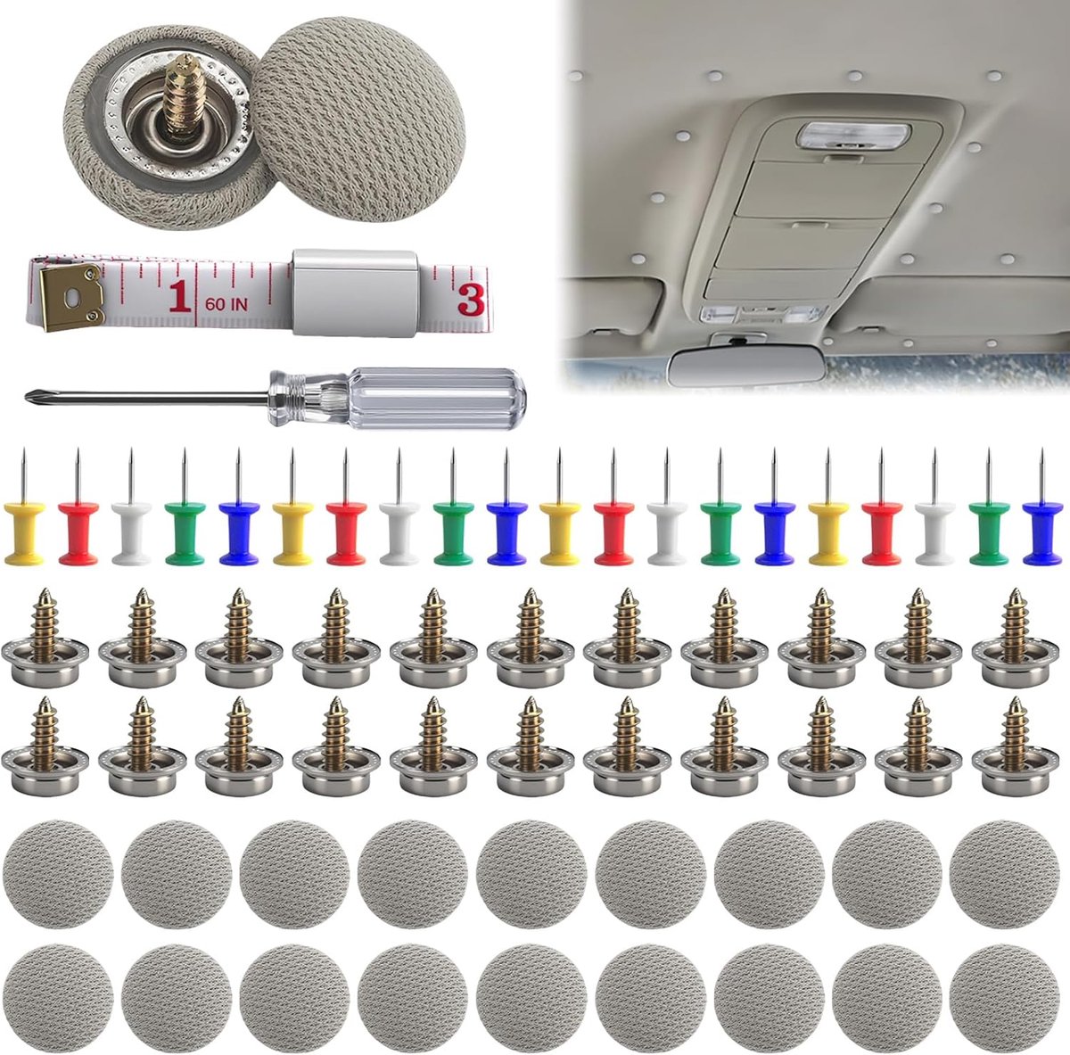 65 stuks dakhemel reparatieset, auto dakhemel reparatie klinknagels met schroevendraaier en meetlint, auto-dakraam snelsluitingen, auto dak klinknagels, universele autodakhemel reparatie voor alle