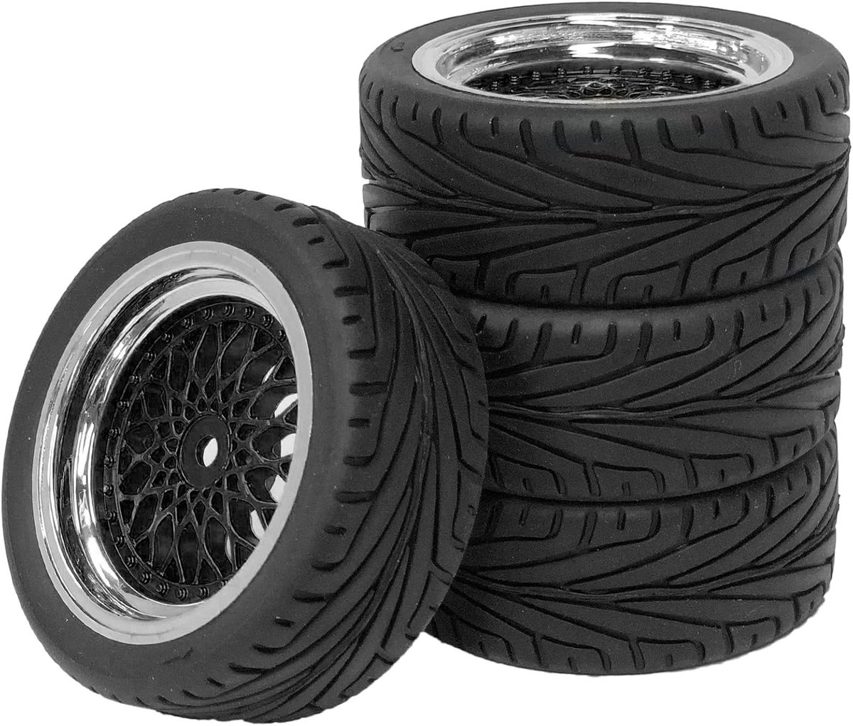 Wielen set, KINGCOO 4 stuks 65mm rubberen banden met kunststof coating, wielen met 12mm zeskant voor 1/10 RC on-road run-flating toerwagen racen (zwart zilver)