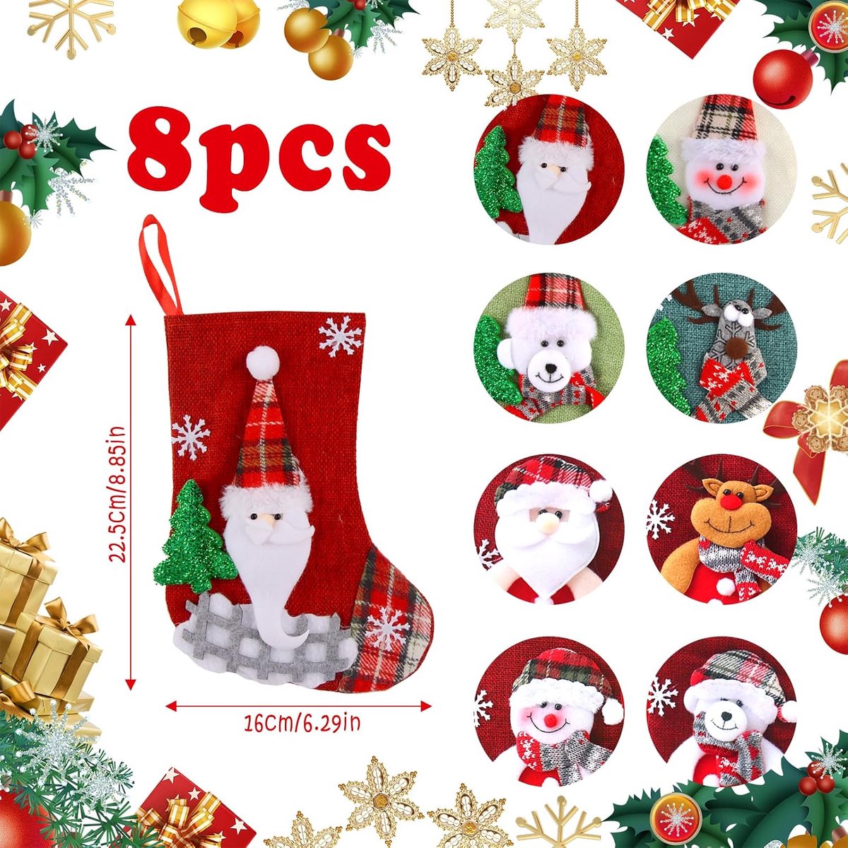 Kerstkous, 8 stuks, kerstkous, gepersonaliseerde kerstzakken om te vullen, kerstsokken, open haard, kerstdecoratie, kerstboomversiering, 16 x 22,5 cm