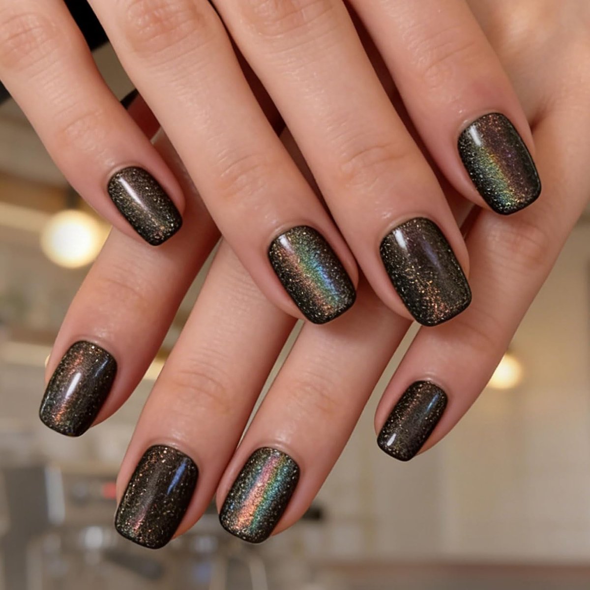 Nails, Black Chrome Cat Eye Plaknagels Vierkant Medium, Gel Vingernagels Voor Opplakken, 24-Delige Set Met Tabs, Vijl En Accessoires