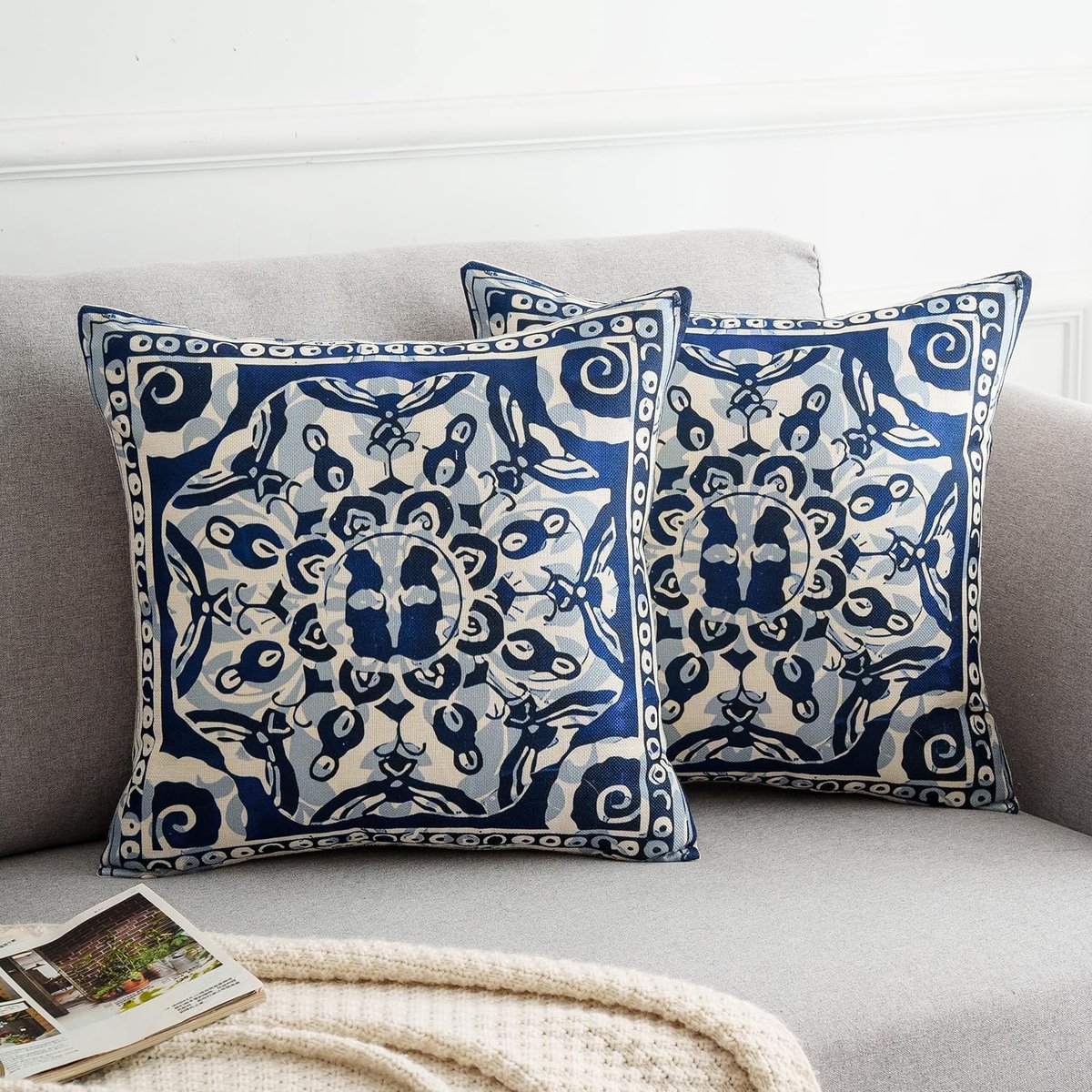 Kussensloop 50x50 2er Set - Boho Retro Datura Bloem Motief - Geometrisch Blauw Beige - Voor Sofa of Bed - ShopVlot