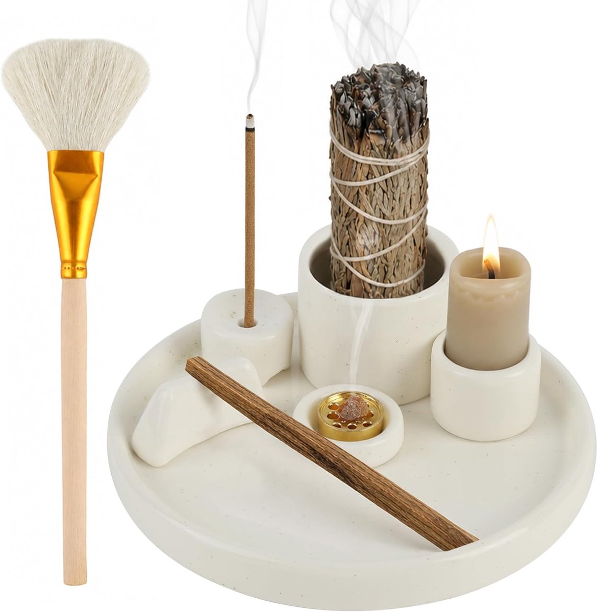 Wierookschaal 5-in-1 - keramisch - met asvanger en borstel - perfect voor meditatie - ShopVlot