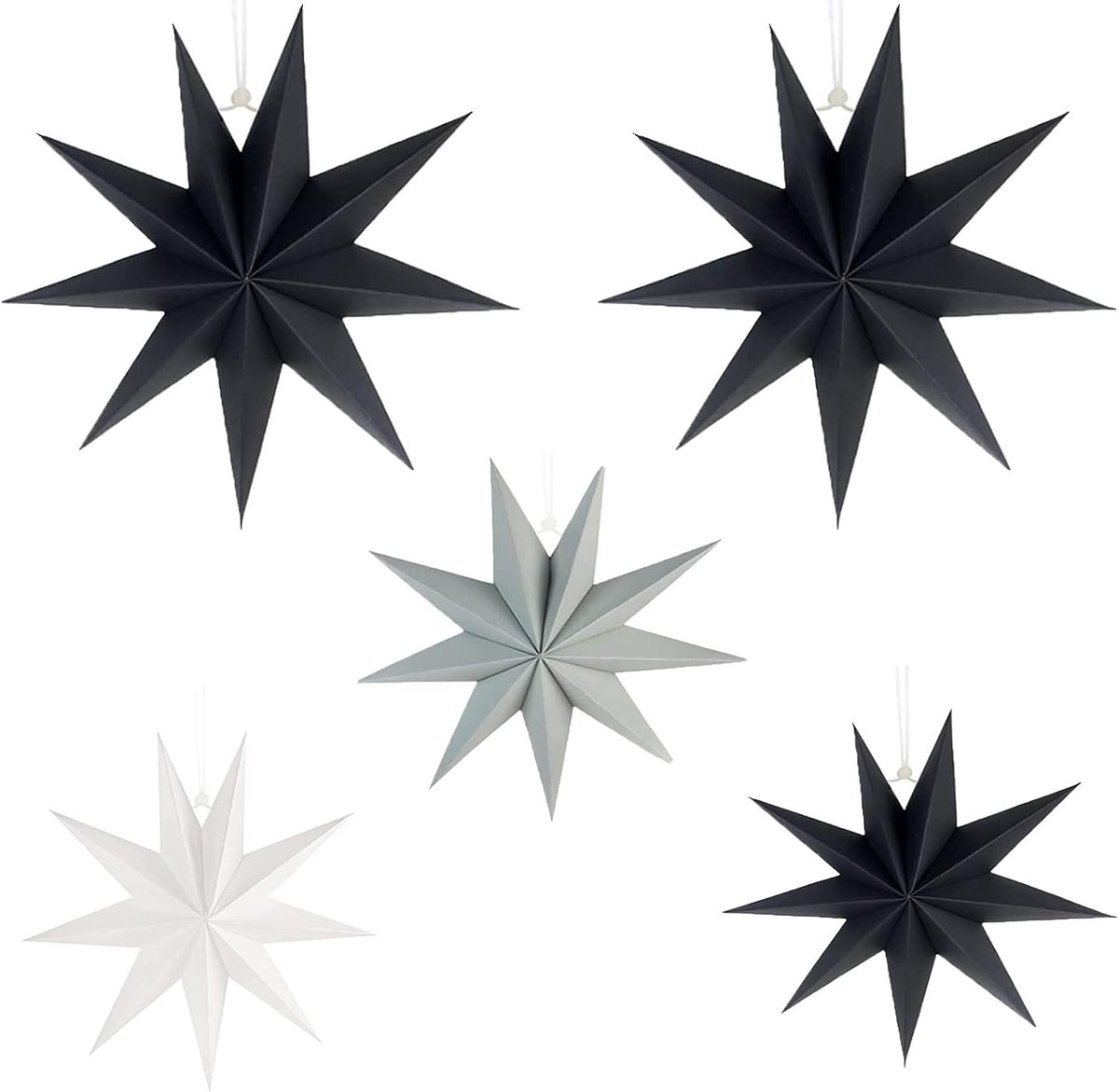 Papieren sterren kerstdecoratie 5 stuks - 3 x 30 cm en 2 x 45 cm - zwart, wit, grijs - ShopVlot