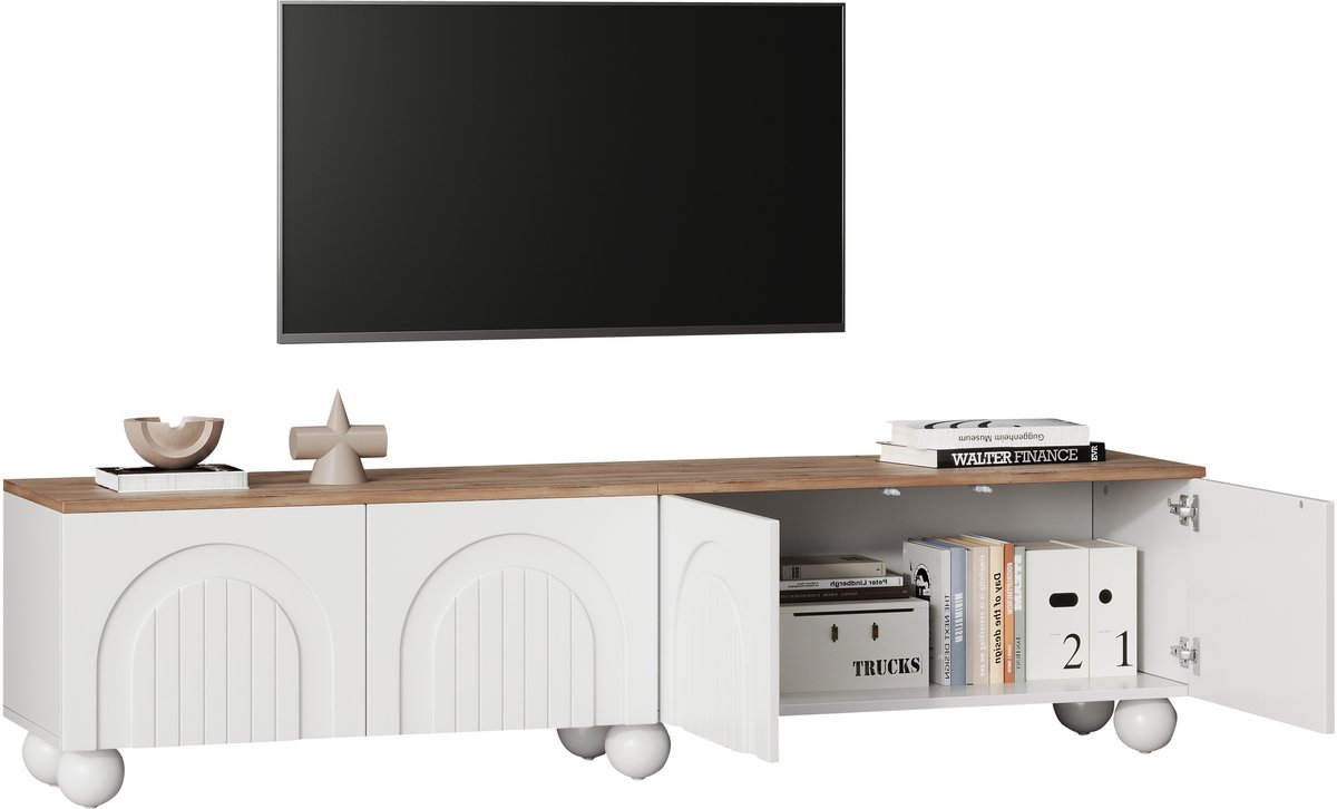 TV-Meubel - Voor Woonkamer - Grote Opbergruimte - 6 Metalen Bolpoten - Geschikt voor TV's tot 80 Inch - 180X40X45CM - Houtlook + Wit