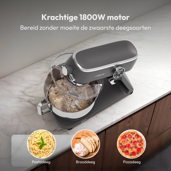 Fentic Keukenmachine 1800W, 7l RVS Mengkom, Keukenrobot met Alunimium Behuizing, Incl. Menghaak, Garde, Deeghaak en Extra Accessoires, Met Timer en 10 Snelheden van Merkloos — afbeelding 4