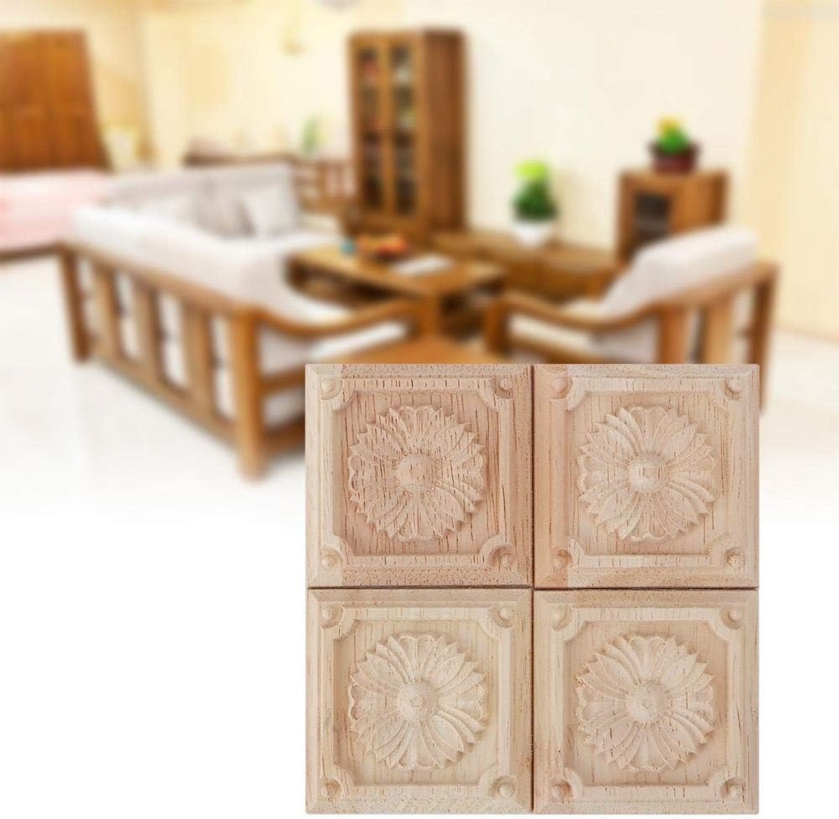Houten applicaties set van 4 - 6 x 6 cm - ongeverfde carvings - klassieke stijl voor meubels - ShopVlot