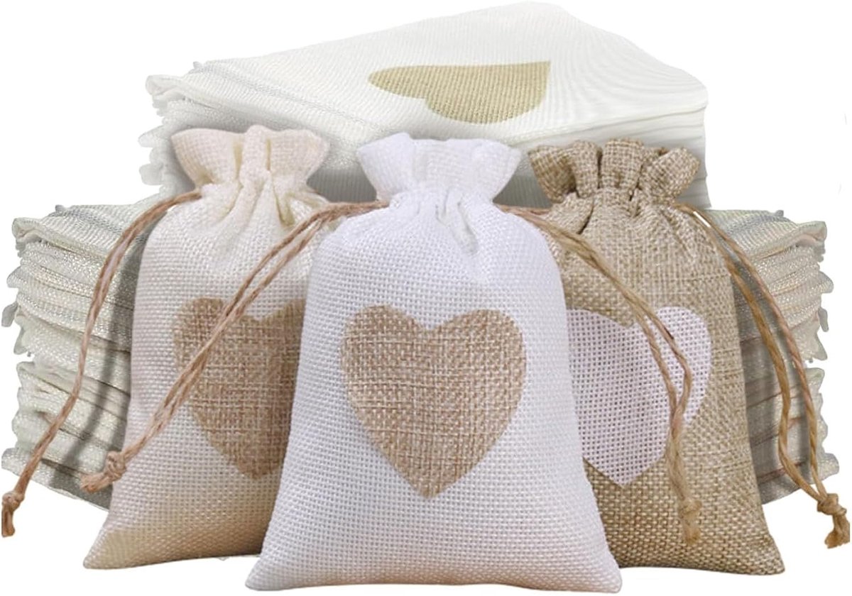 Jute zakjes 30 stuks - 10 x 8 cm - beige en grijs - perfect voor cadeaus - ShopVlot