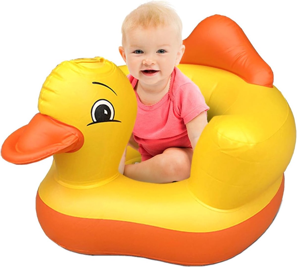 Opblaasbaar baby leert-zitstoel geel-oranje eendmodel, speels opblaas zitje voor baby leren zitten thuis