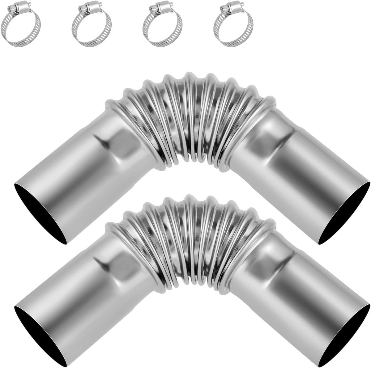 Exhaust pipe, corner connector 25 mm, 2 pieces stainless steel exhaust pipe, angle connector, 13 cm with 4 clamps - ShopVlot