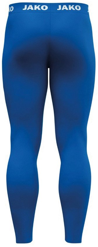 Collant long bleu Jako avec logo blanc Jako sur la ceinture, vue arrière.