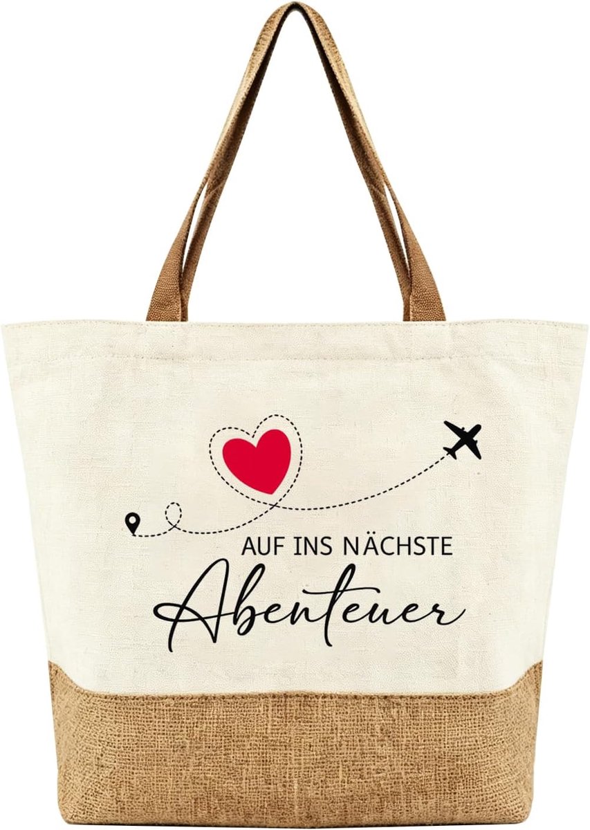 Reiscadeau jute tas 44 x 40 x 12 cm - katoenen canvas met jute - spreuk voor afscheidsgeschenken - ShopVlot
