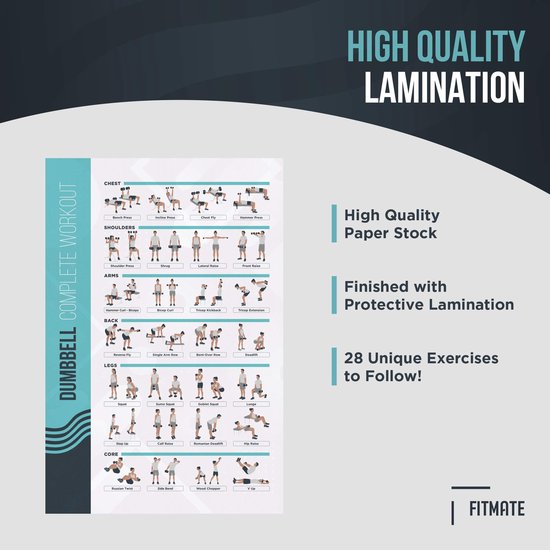 Poster met dumbbell oefeningen, afgewerkt met beschermende laminatie voor hoge kwaliteit.
